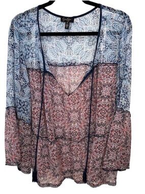 Jessica Simpson Navy Trim Blue & Red Printed Sheer Boho Blouse